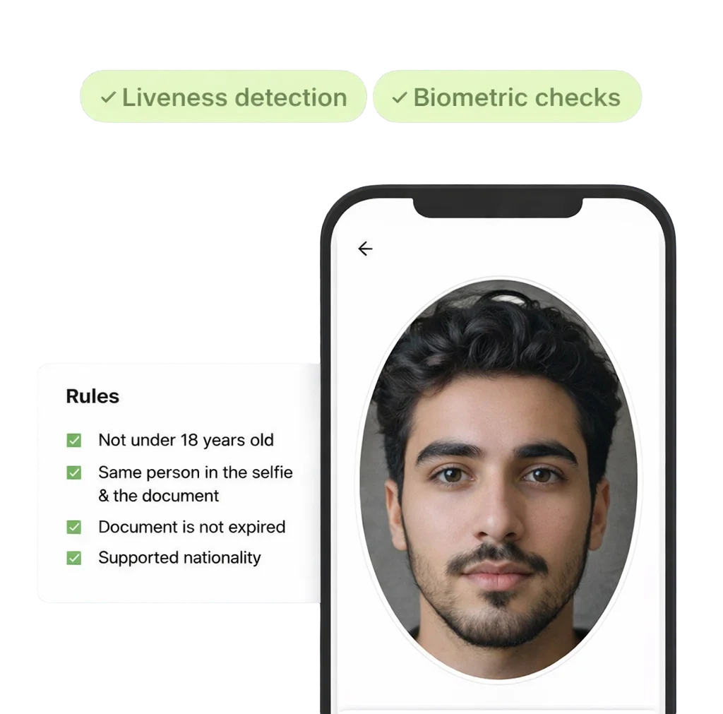Biometric verification — liveness check and face match against ID portrait