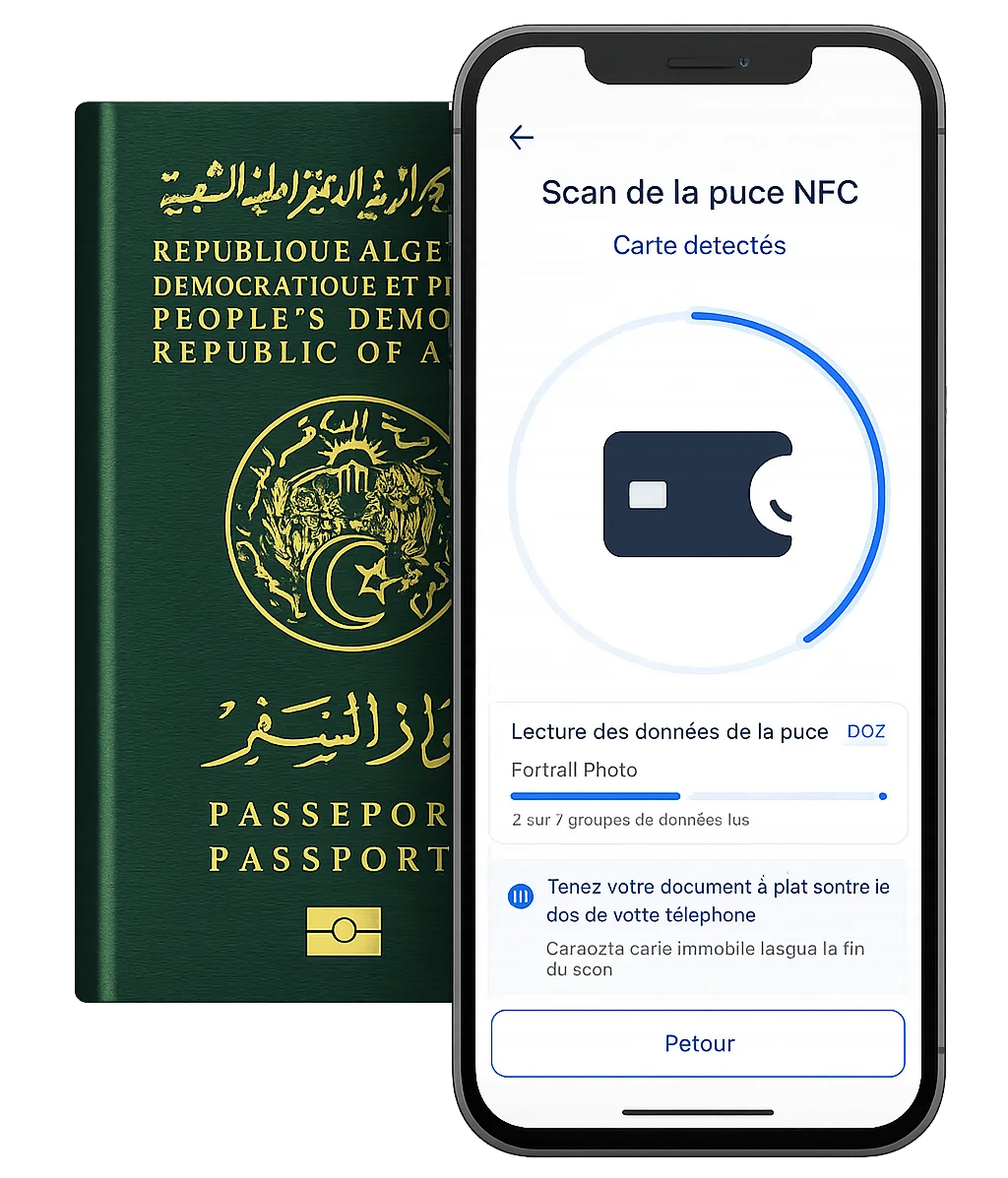 NFC chip scan on phone with Algerian biometric passport — reading secure chip data