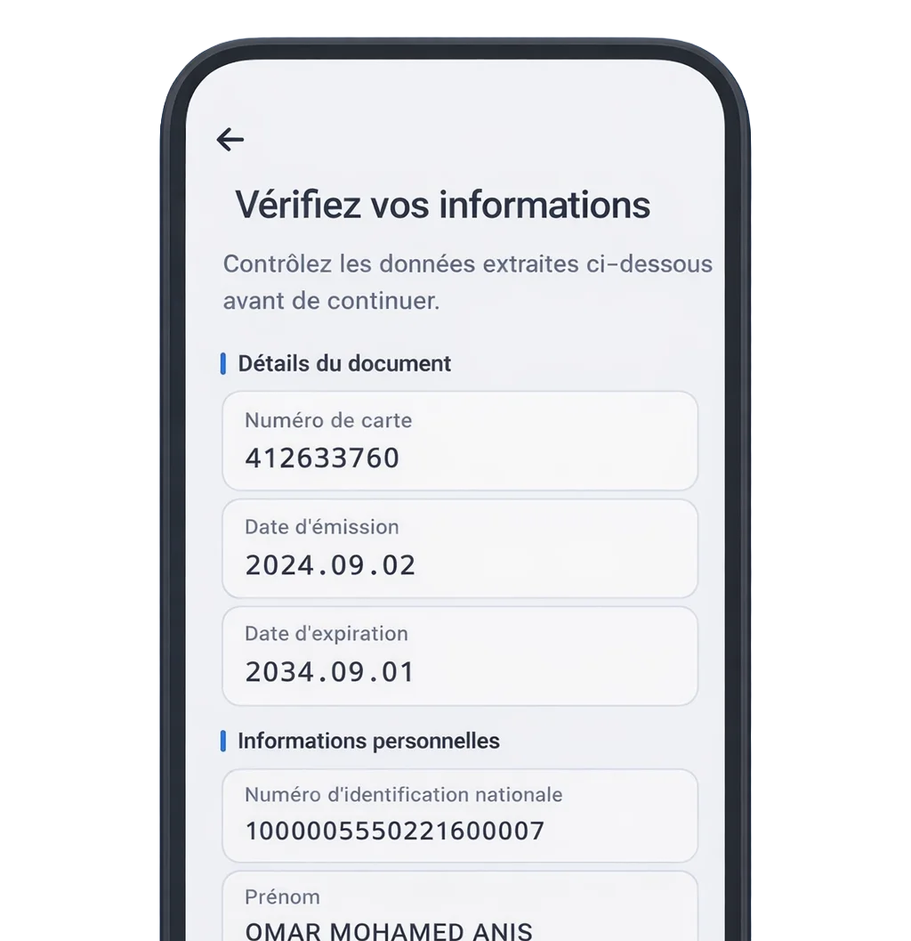 Document Reader — AI scan with extracted bilingual ID fields from the Algerian national card