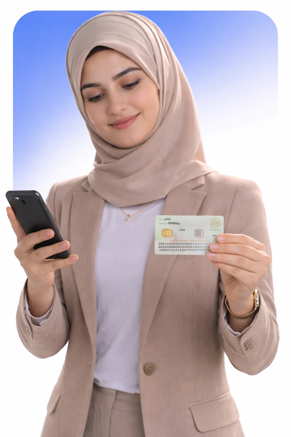 Woman verifying identity with phone and ID card