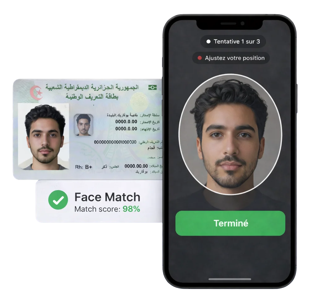 Face matching: live selfie compared to the ID portrait to confirm the person onboarding matches the document