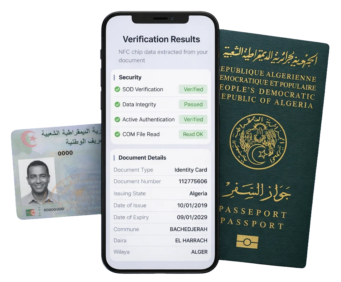 NFC chip read — cryptographic document authentication