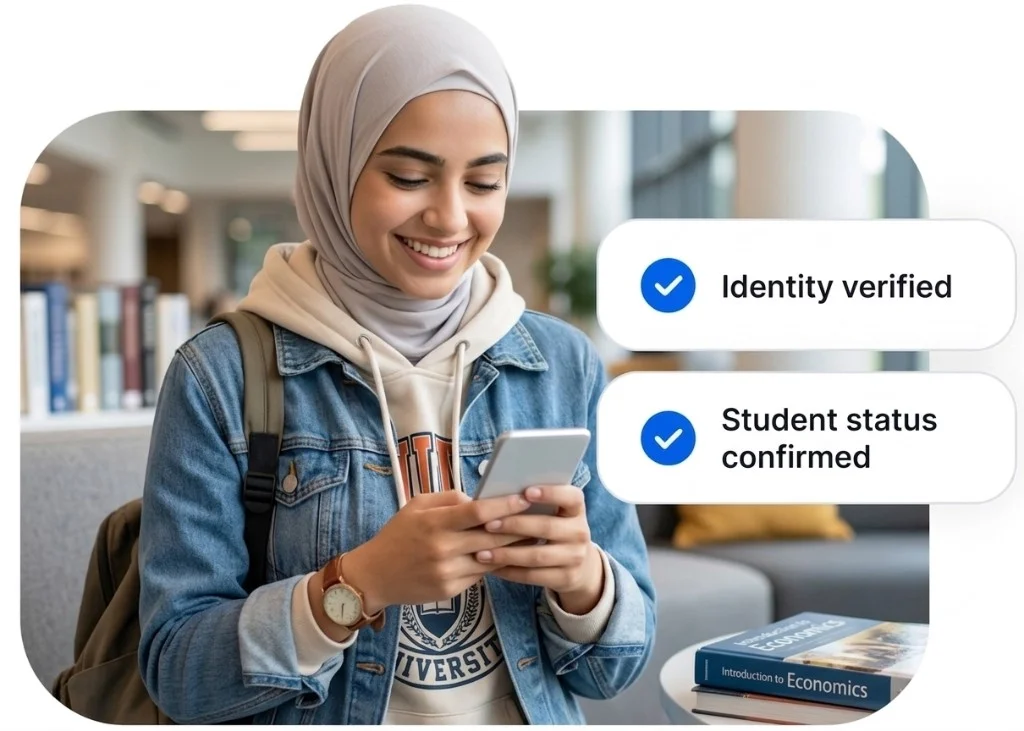 Student using smartphone in a library with identity verified and student status confirmed — mobile enrollment and exam check-in