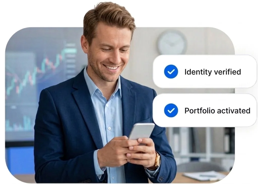 Professional using smartphone with identity verified and portfolio activated — fintech onboarding and trading context
