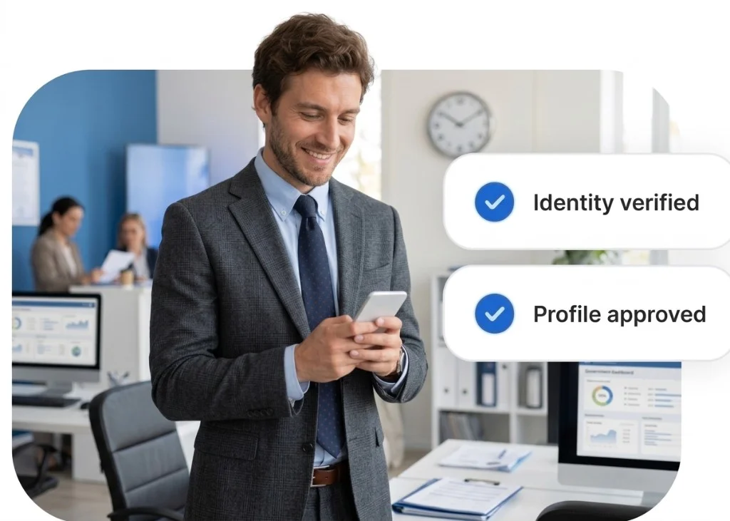 Public servant using smartphone with identity verified and profile approved — sovereign digital citizen services