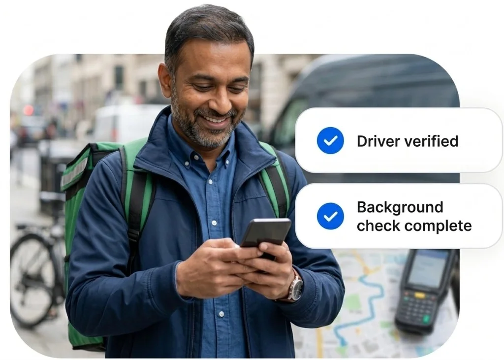 Delivery driver on smartphone with driver verified and background check complete — fleet onboarding and trust