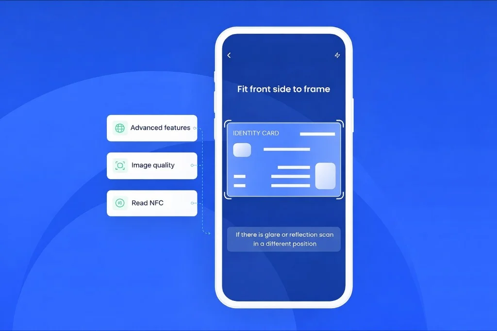 Document Reader — mobile UI with ID framing guide and capture quality hints
