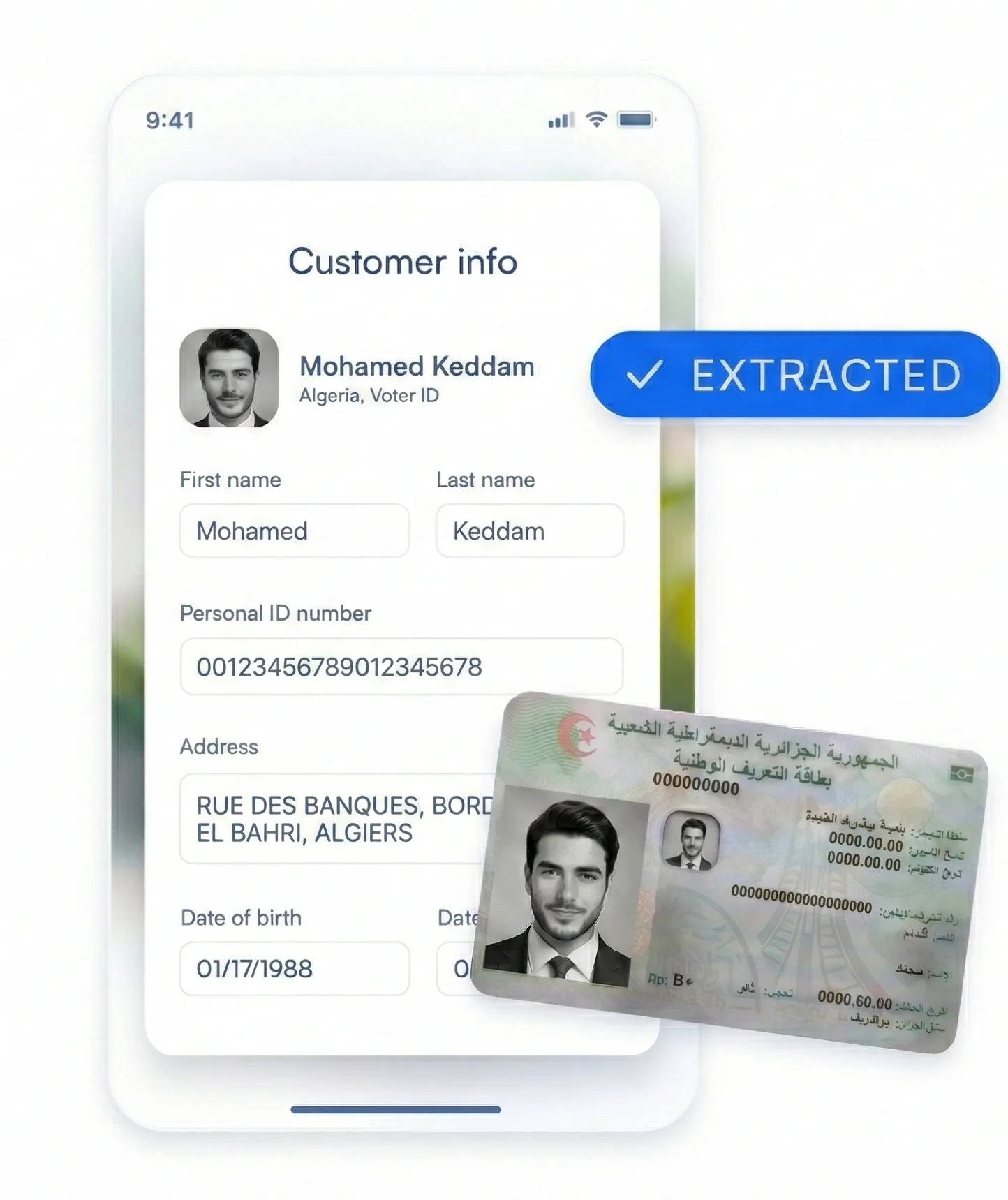 Algerian ID data extracted into a digital customer form with a clear extracted status