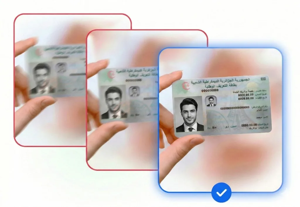 Algerian National ID verification: from blurred capture to sharp extraction and verified result with pass/fail signal