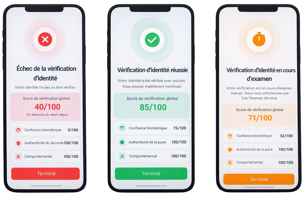 Approve, review, and decline outcomes from automated decisioning — clear case results for operators